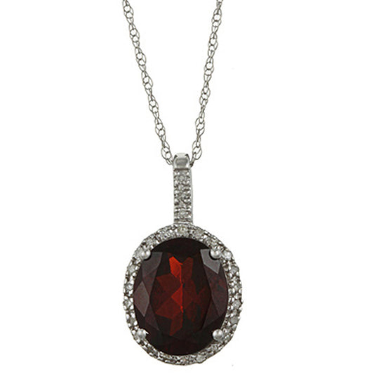 10k White Gold Oval Garnet and Diamond Halo Pendant Necklace