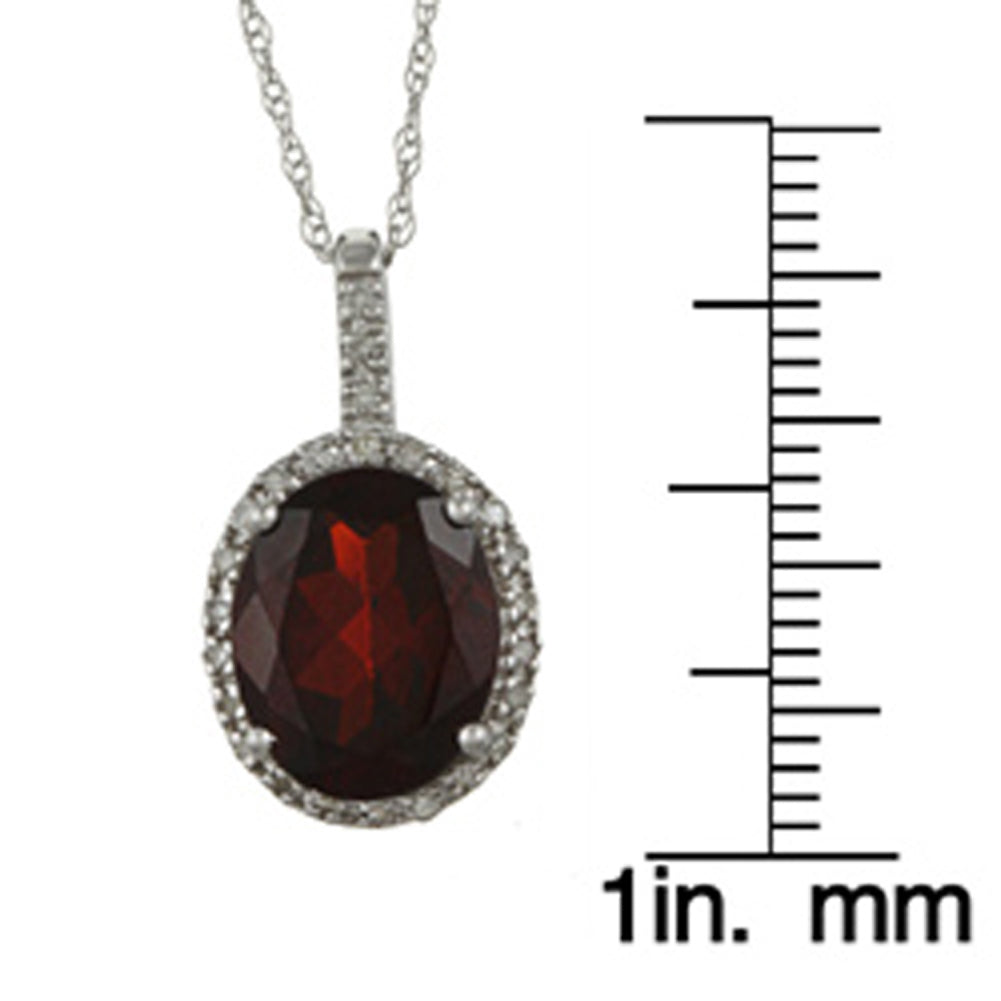 10k White Gold Oval Garnet and Diamond Halo Pendant Necklace