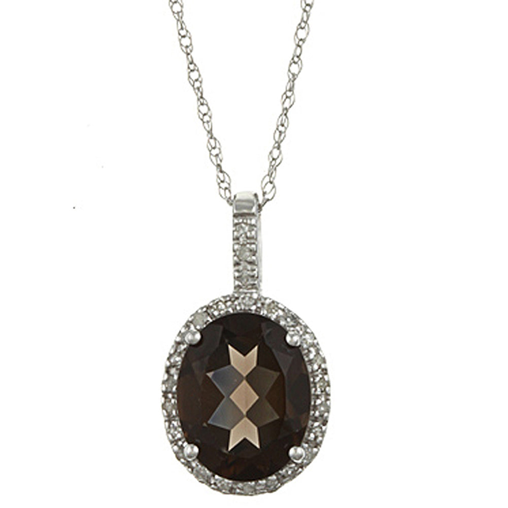 10k White Gold Oval Smokey Quartz and Diamond Halo Pendant Necklace