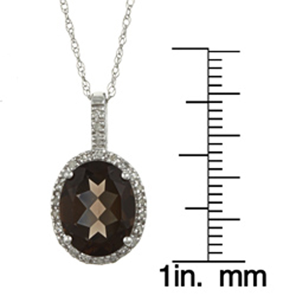 10k White Gold Oval Smokey Quartz and Diamond Halo Pendant Necklace