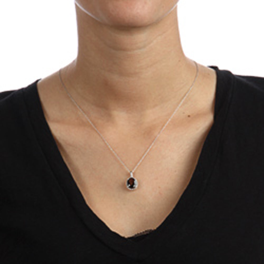 10k White Gold Oval Smokey Quartz and Diamond Halo Pendant Necklace