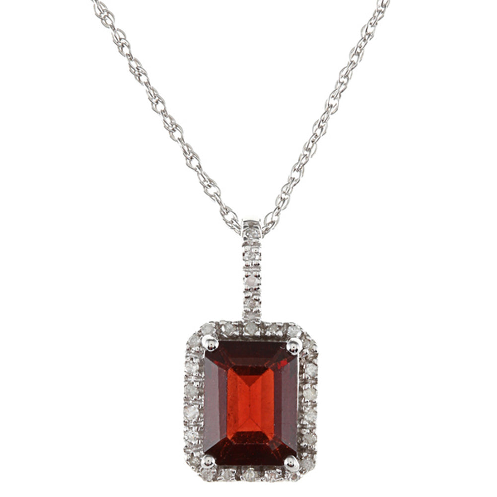 10k White Gold Emerald Cut Garnet and Diamond Halo Pendant Necklace