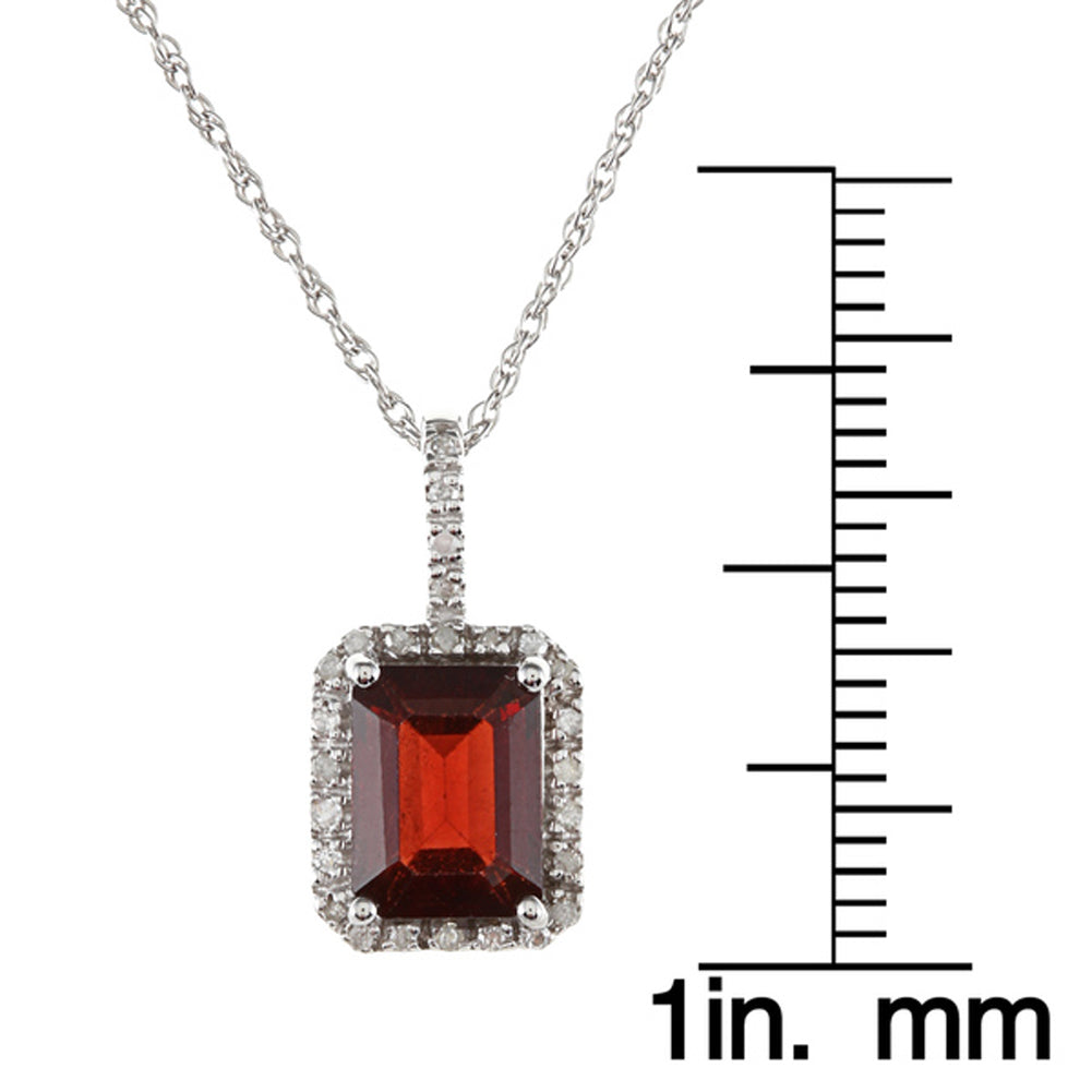 10k White Gold Emerald Cut Garnet and Diamond Halo Pendant Necklace