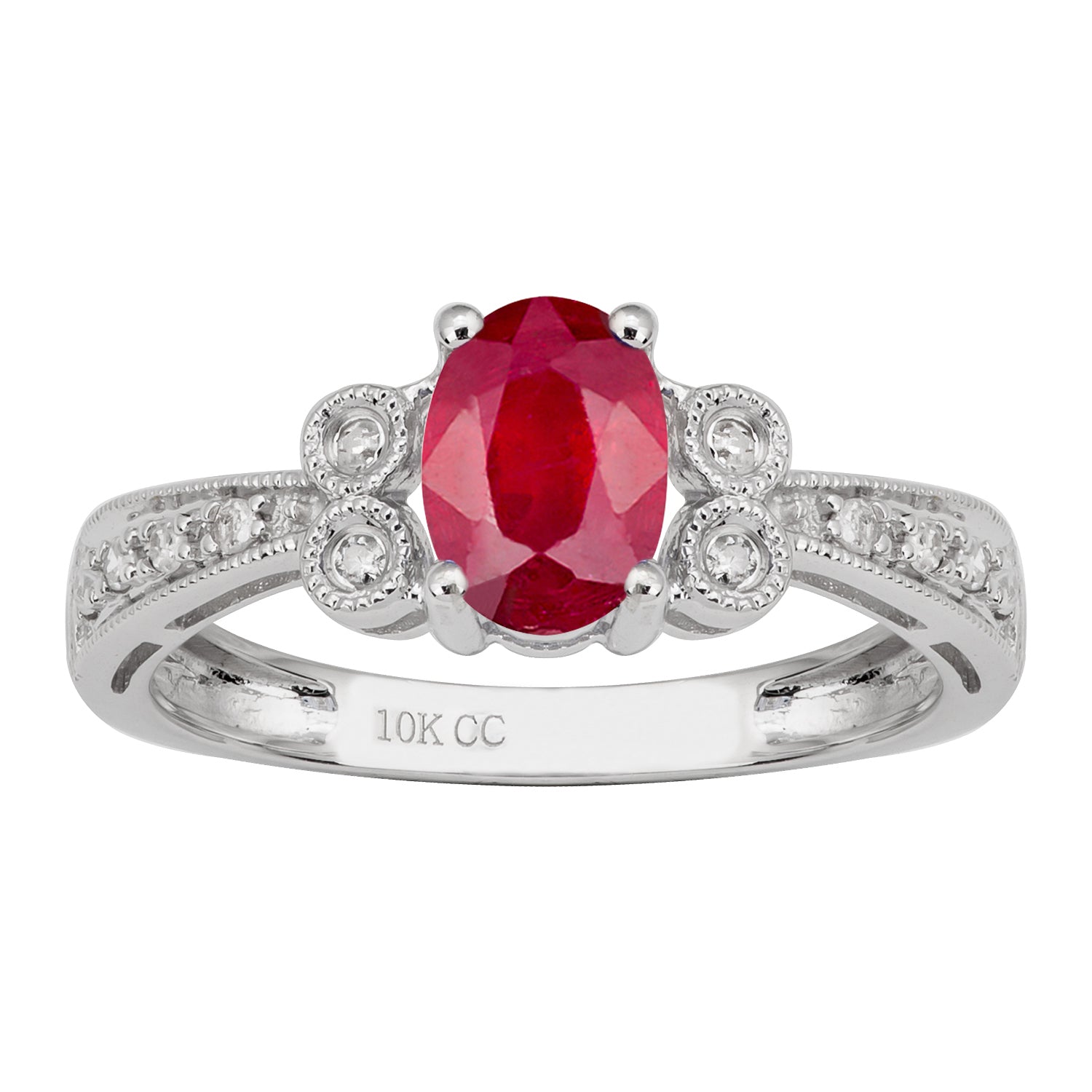 10k White Gold Vintage Style Oval Ruby and Diamond Ring