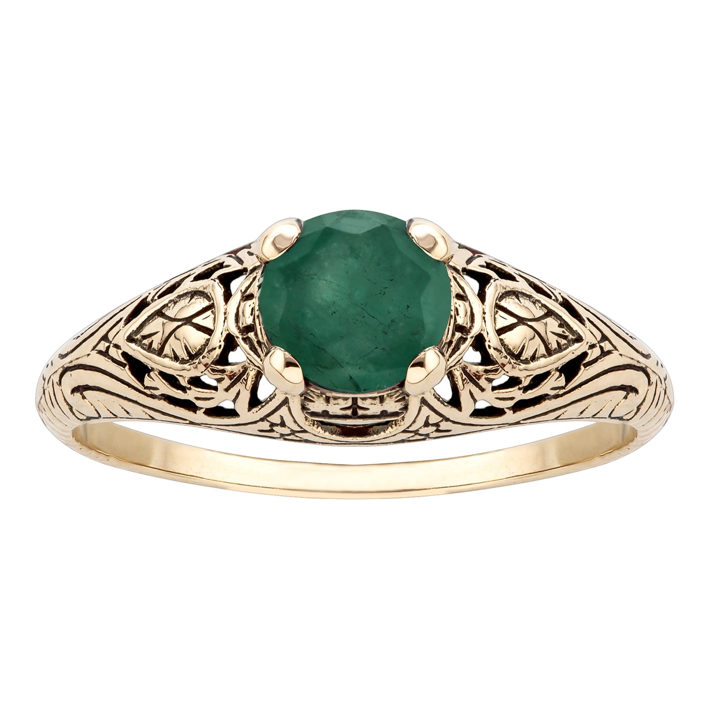 10k Yellow Gold Vintage Style Genuine Round Emerald Scroll Ring