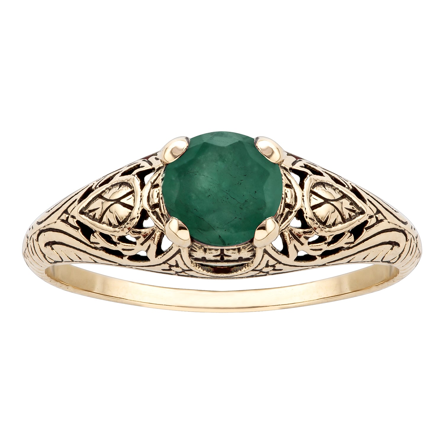 10k Yellow Gold Vintage Style Genuine Round Emerald Scroll Ring