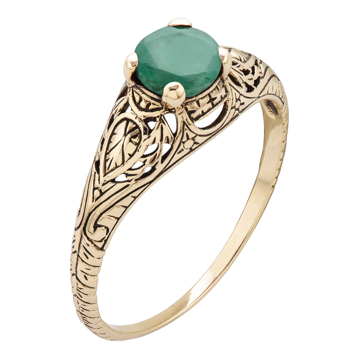 10k Yellow Gold Vintage Style Genuine Round Emerald Scroll Ring