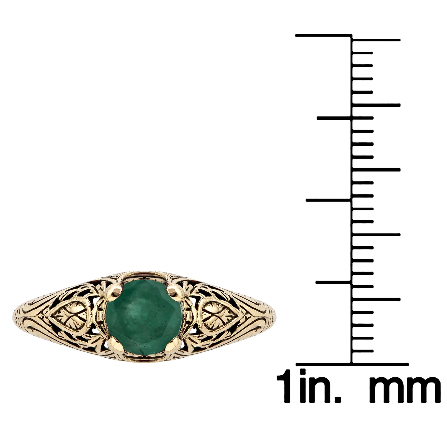 10k Yellow Gold Vintage Style Genuine Round Emerald Scroll Ring