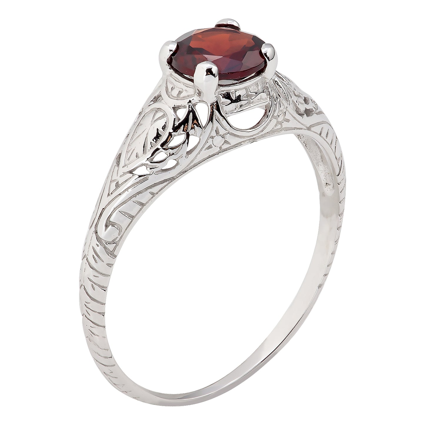 10k White Gold Vintage Style Genuine Round Garnet Scroll Ring