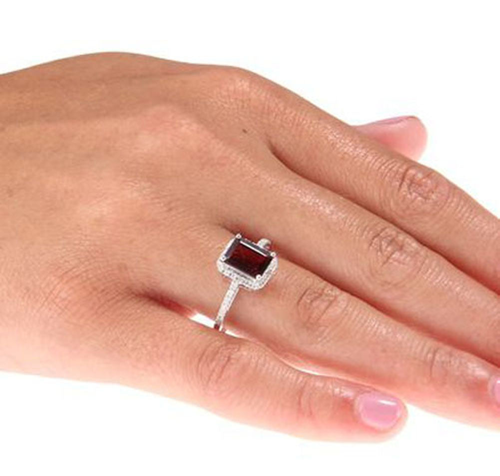 10k White Gold Emerald-Cut Garnet and Diamond Halo Ring