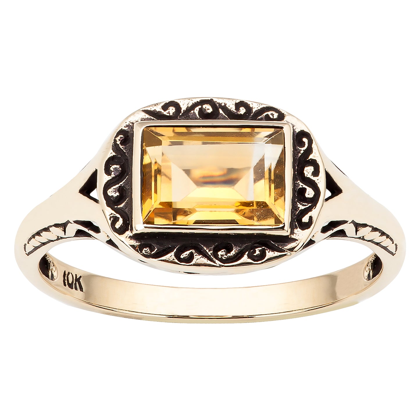 10k Yellow Gold Vintage Style Genuine Emerald-Cut Citrine Scroll Ring