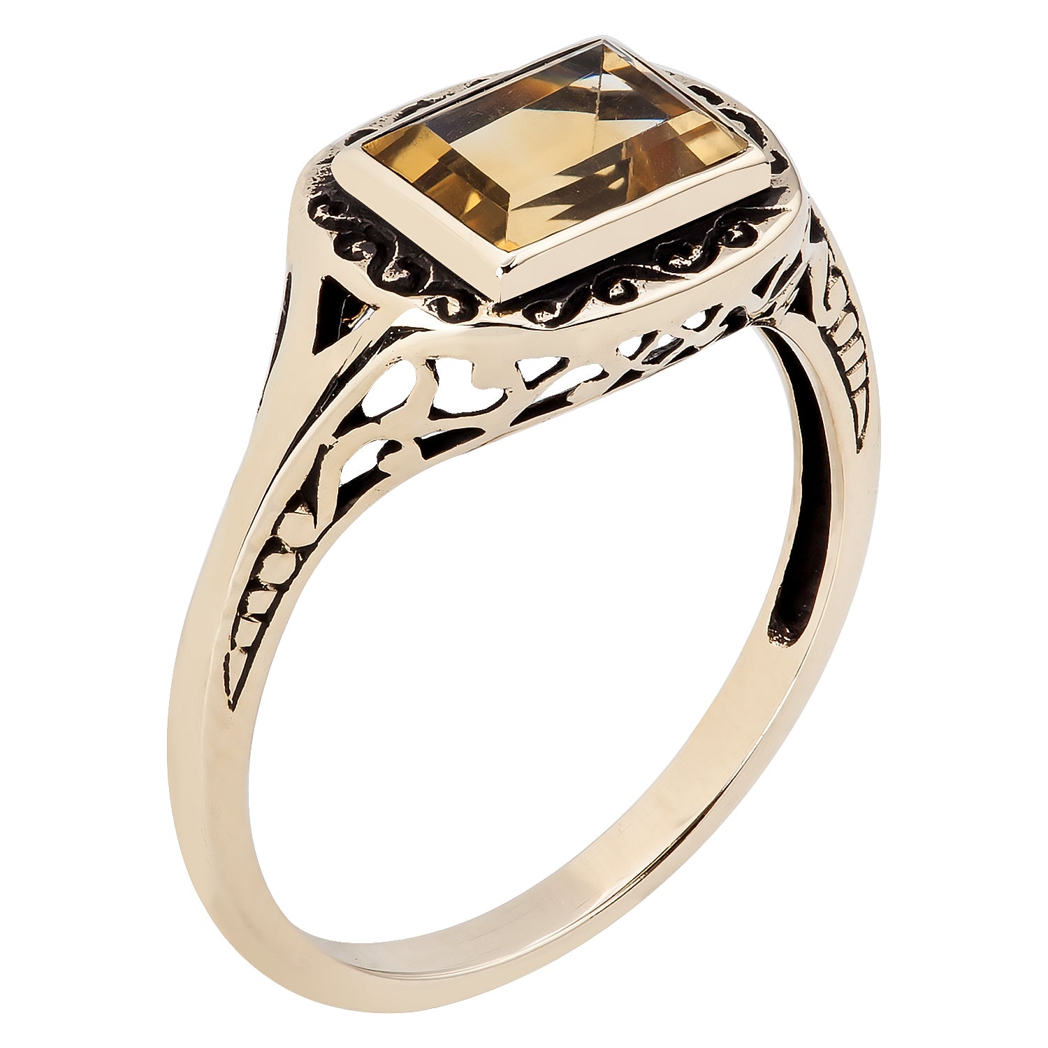 10k Yellow Gold Vintage Style Genuine Emerald-Cut Citrine Scroll Ring