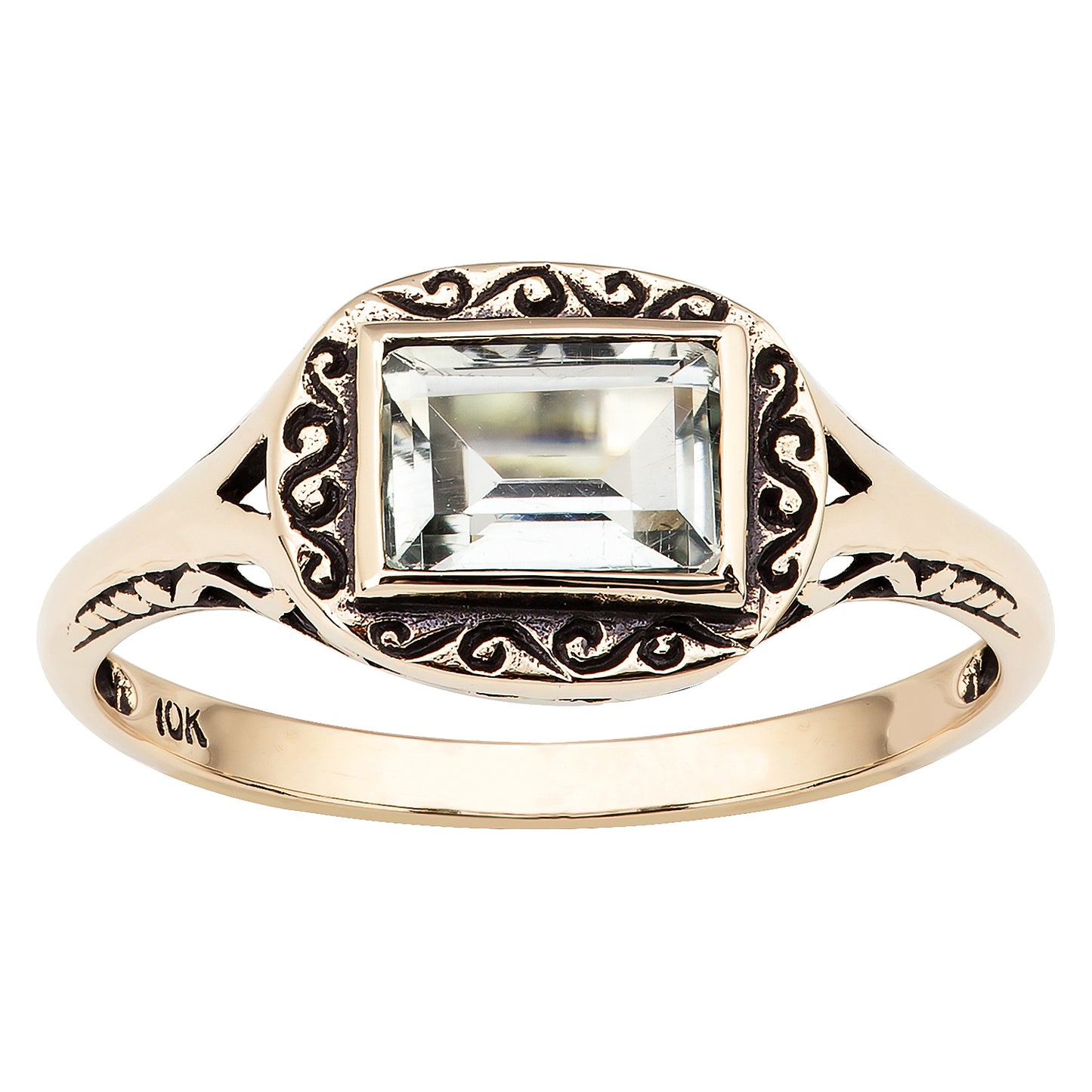 10k Yellow Gold Vintage Style Genuine Emerald-Cut Green Amethyst Scroll Ring