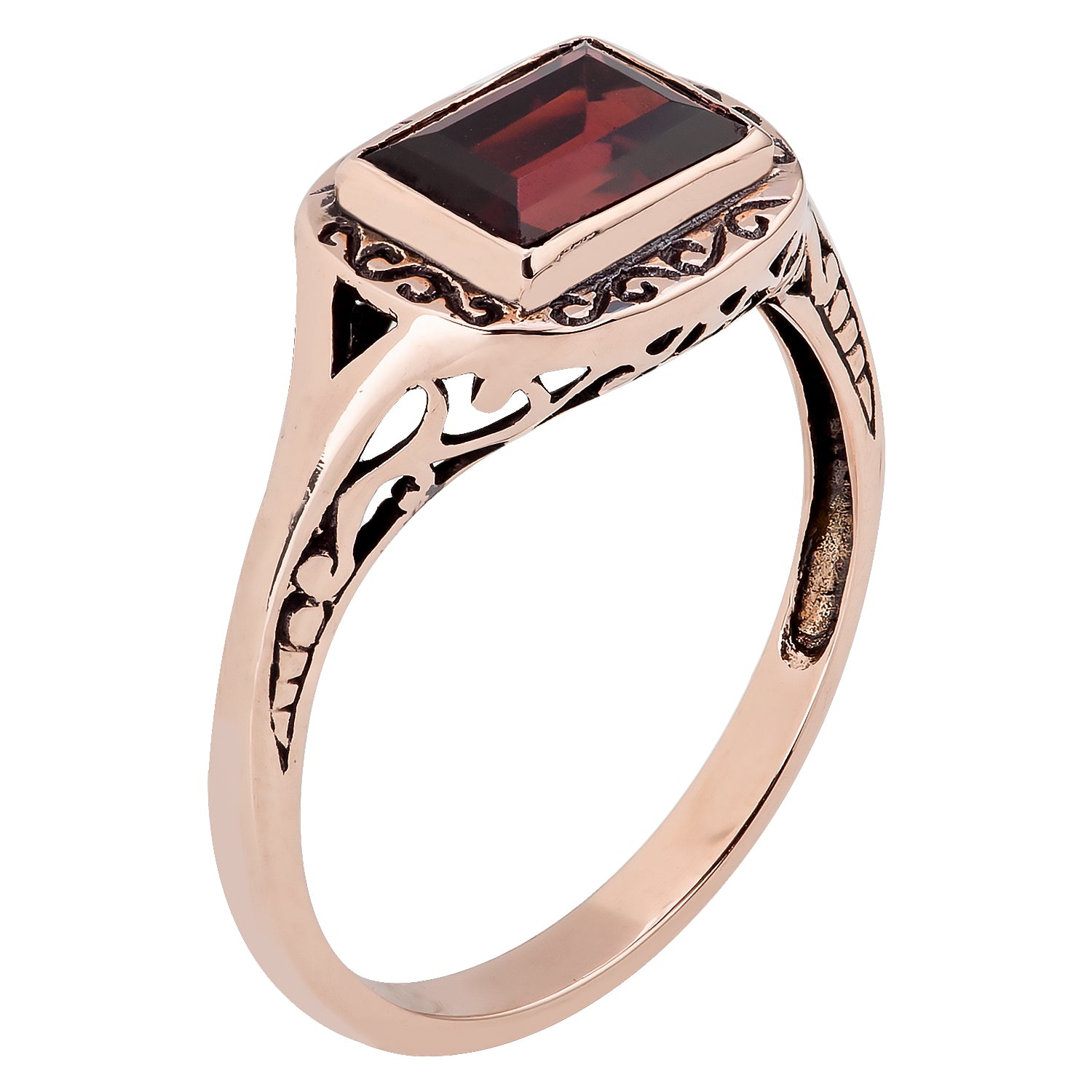 10k Rose Gold Vintage Style Genuine Emerald-Cut Garnet Scroll Ring