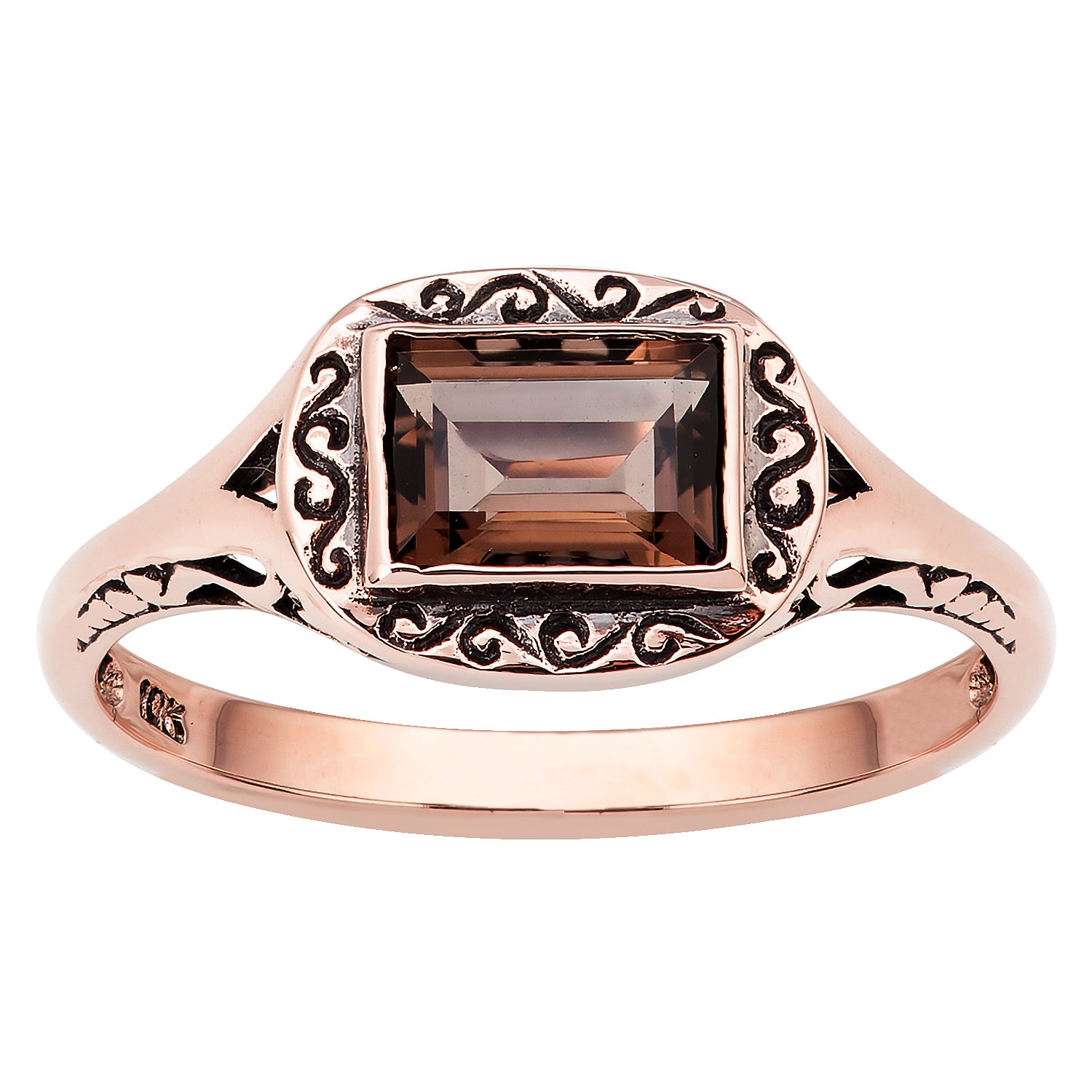 10k Rose Gold Vintage Style Genuine Emerald-Cut Smoky Quartz Scroll Ring