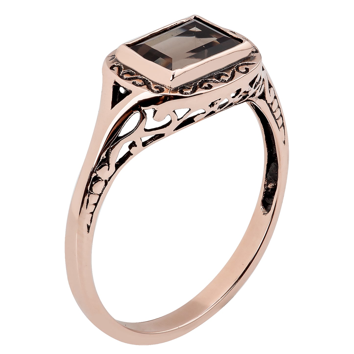 10k Rose Gold Vintage Style Genuine Emerald-Cut Smoky Quartz Scroll Ring