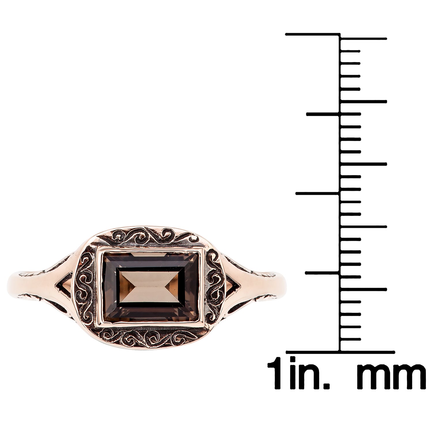 10k Rose Gold Vintage Style Genuine Emerald-Cut Smoky Quartz Scroll Ring