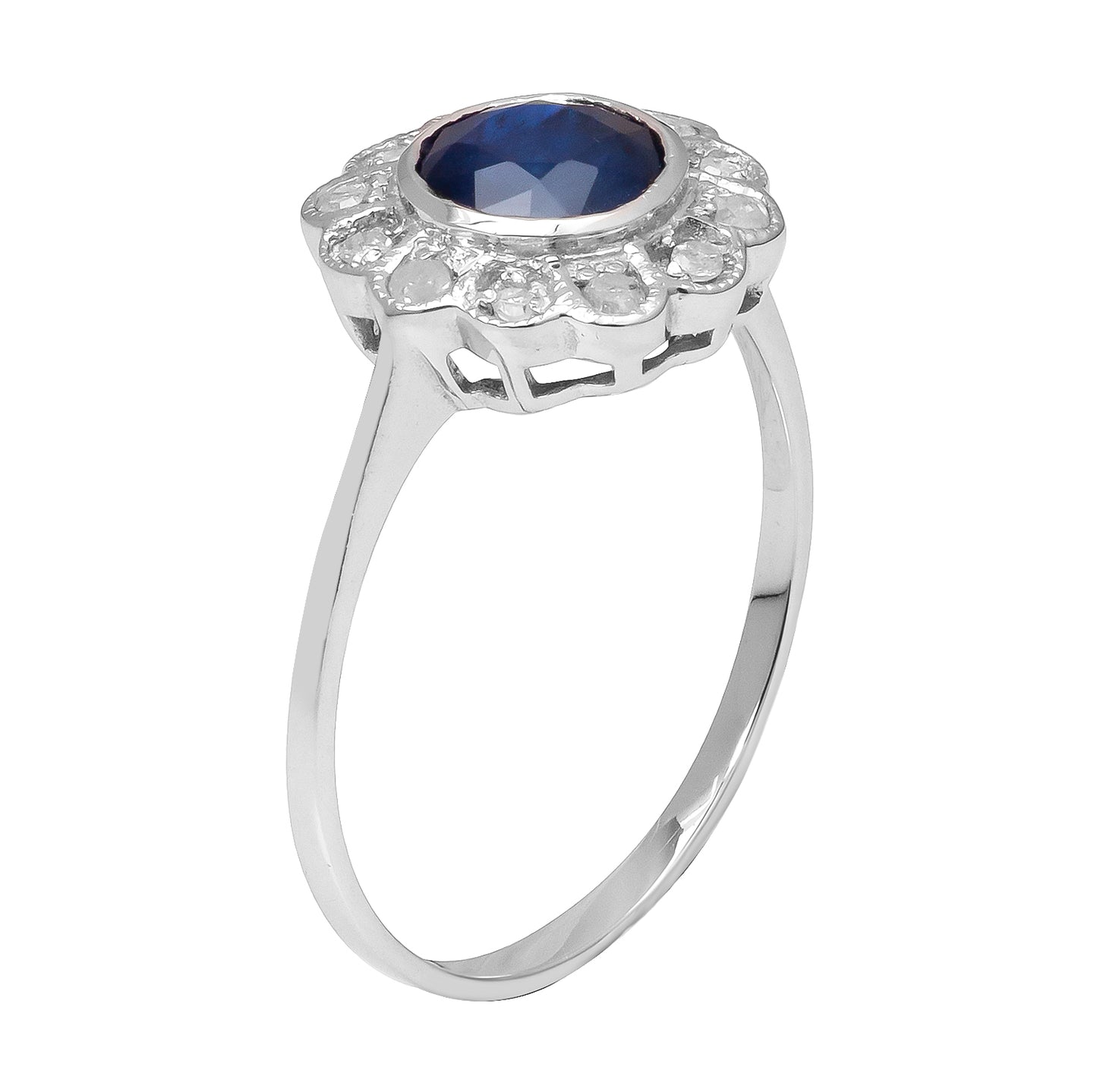 10k White Gold Vintage Style Genuine Round Sapphire and Diamond Halo Ring