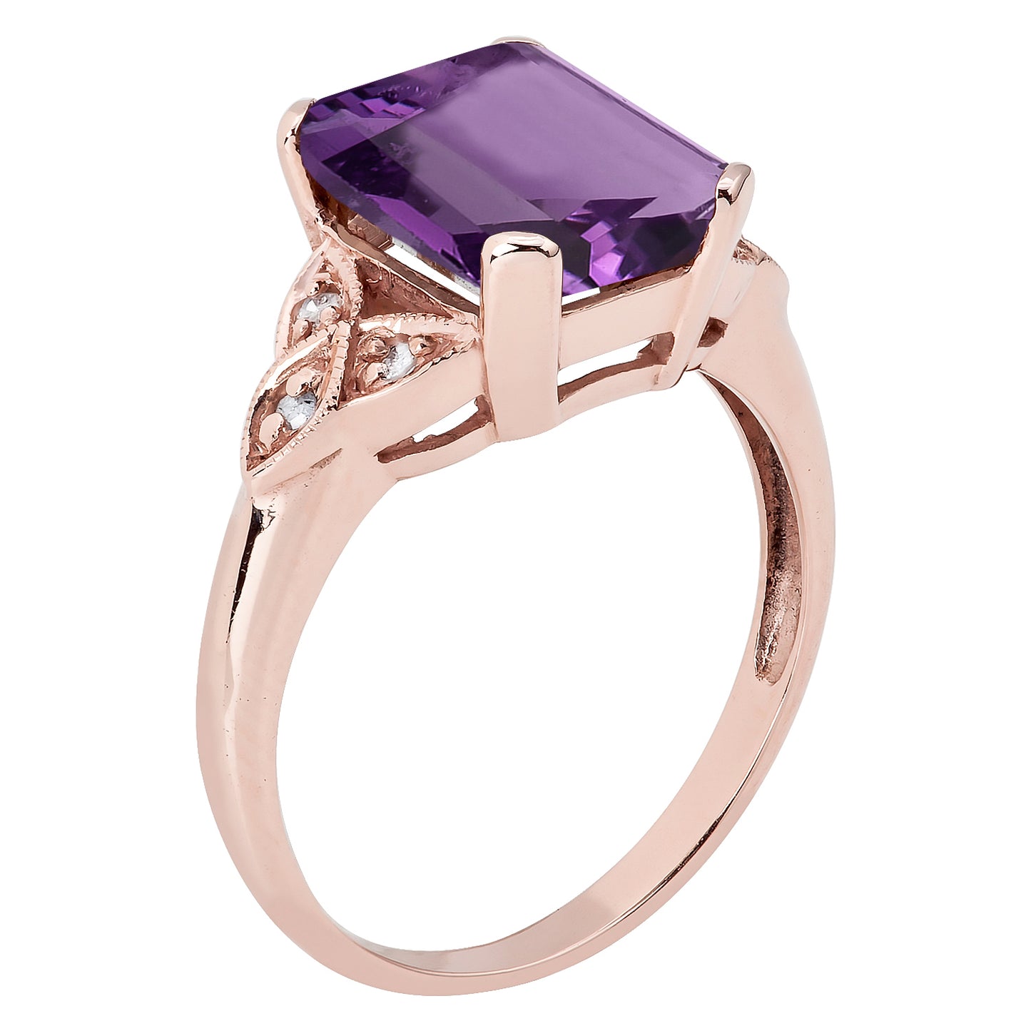 10k Rose Gold Vintage Style Genuine Emerald-Cut Amethyst and Diamond Ring