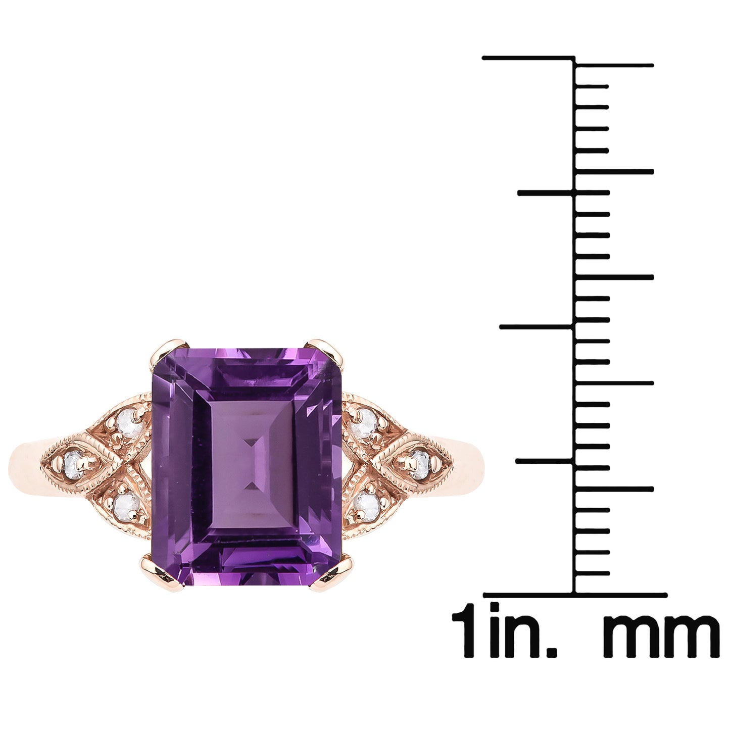 10k Rose Gold Vintage Style Genuine Emerald-Cut Amethyst and Diamond Ring