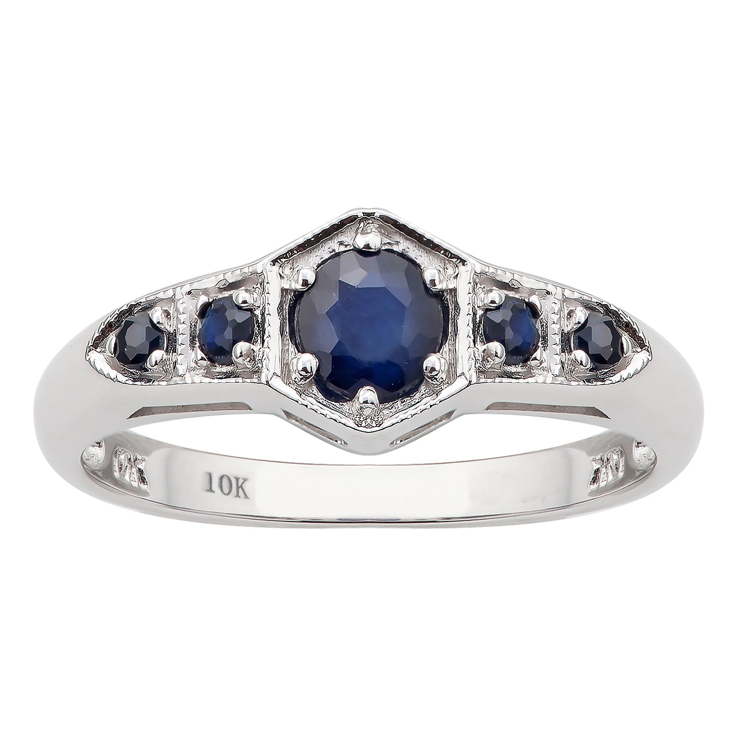 10k White Gold 5-Stone Genuine Round Sapphire Ring