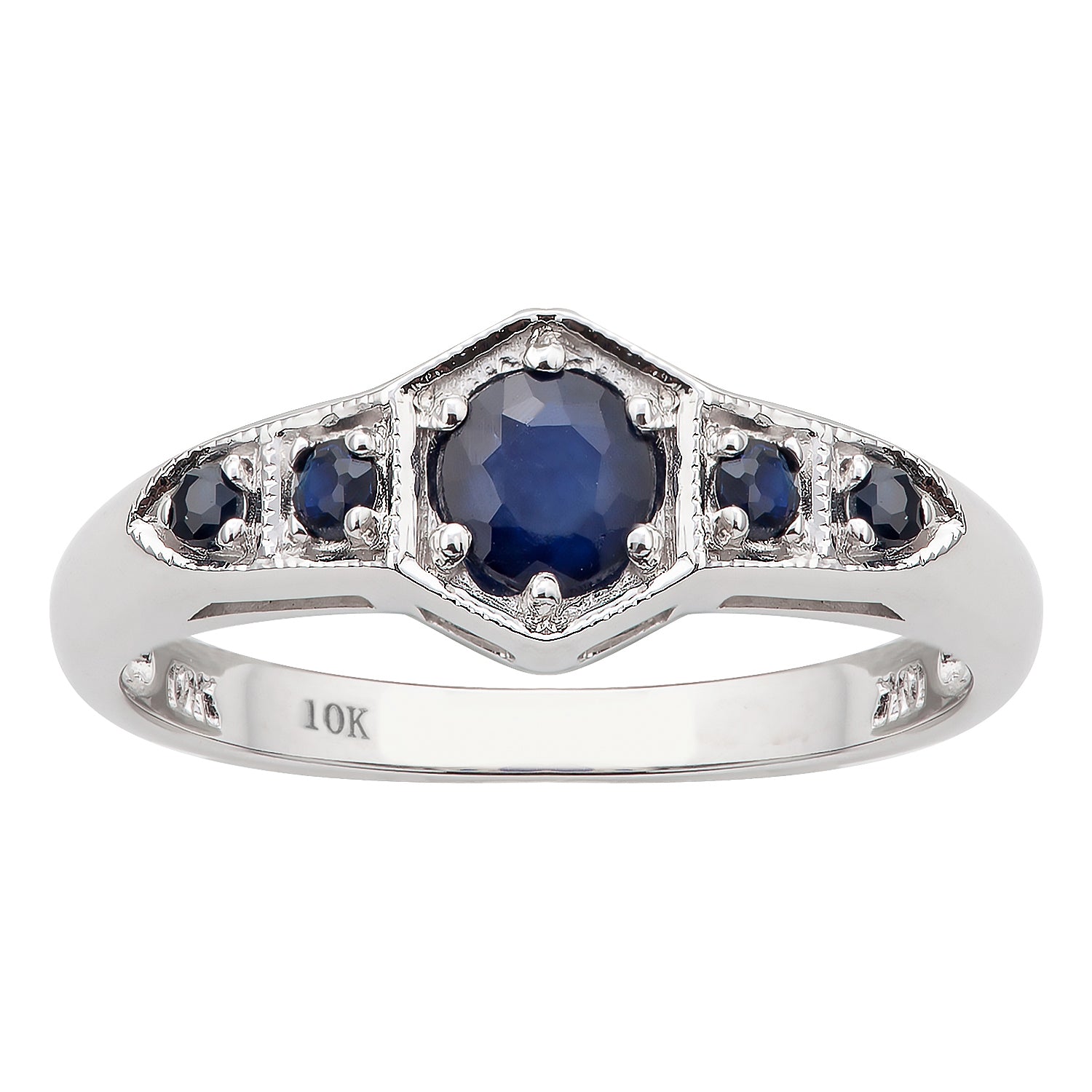 10k White Gold 5-Stone Genuine Round Sapphire Ring