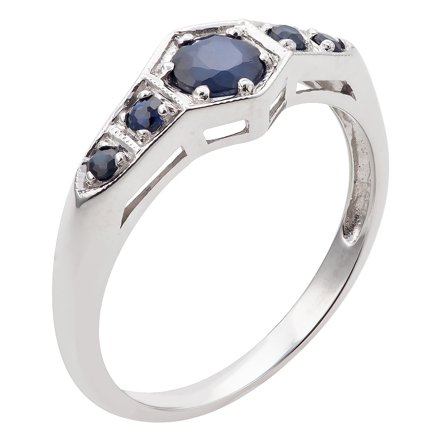 10k White Gold 5-Stone Genuine Round Sapphire Ring