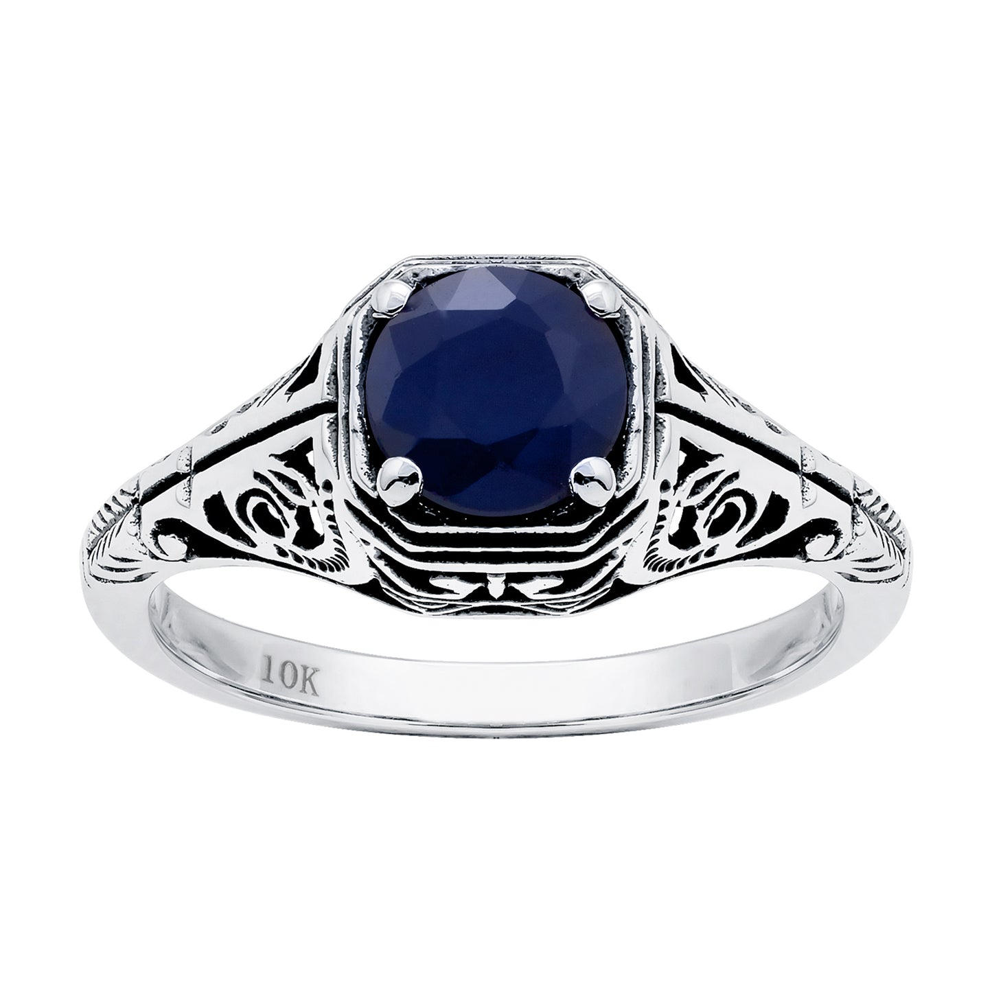 10k  White Gold Vintage Style Genuine Round Sapphire Filigree Ring