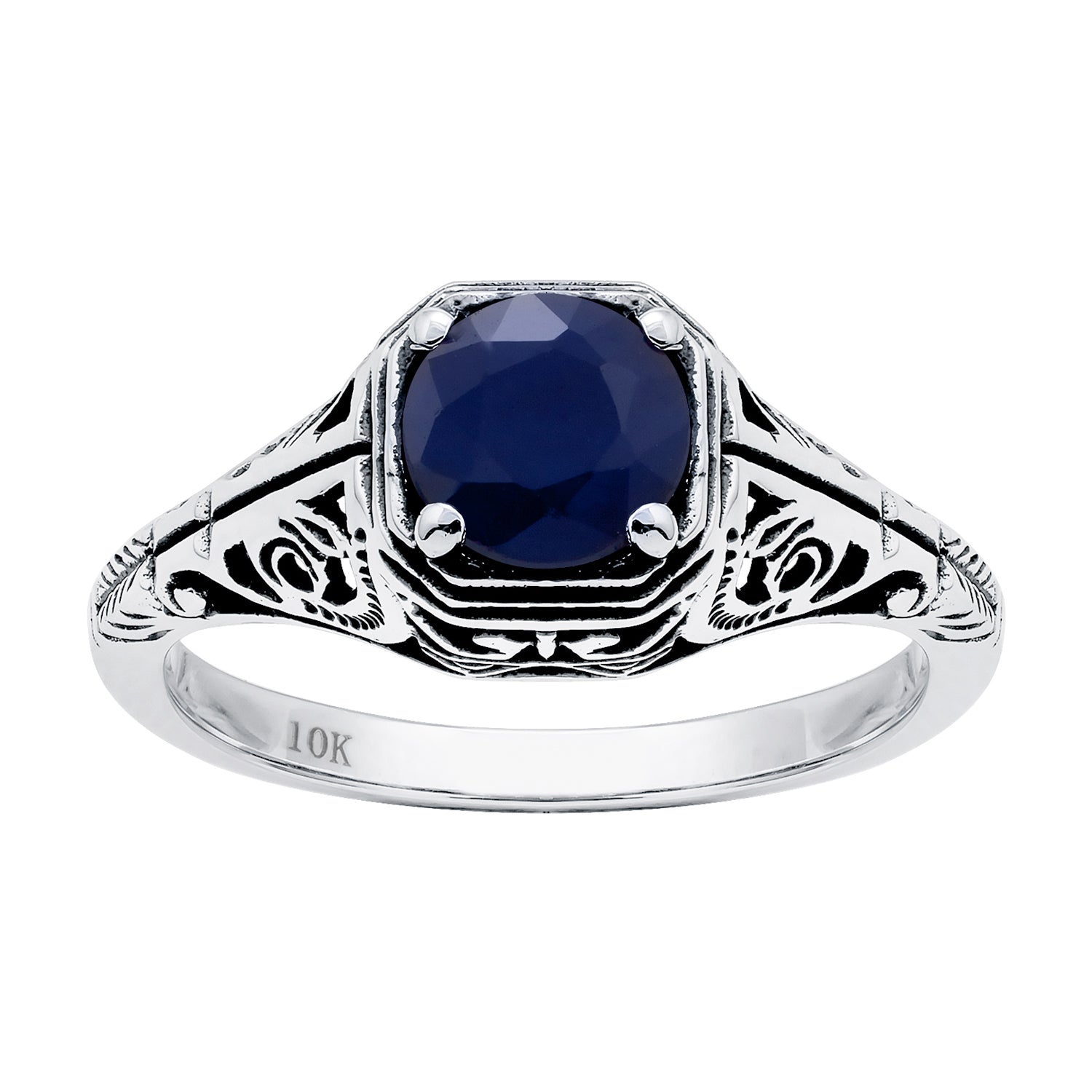 10k  White Gold Vintage Style Genuine Round Sapphire Filigree Ring