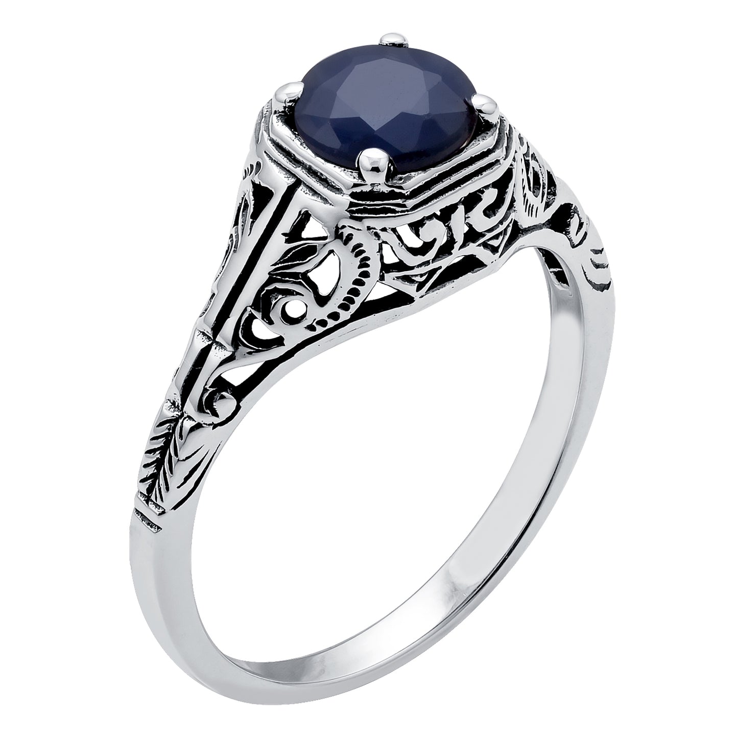 10k  White Gold Vintage Style Genuine Round Sapphire Filigree Ring