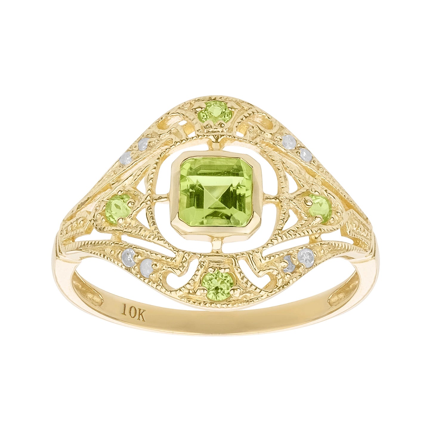 10k Yellow Gold Vintage Style Genuine Peridot and Diamond Ring