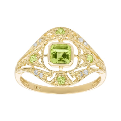 10k Yellow Gold Vintage Style Genuine Peridot and Diamond Ring