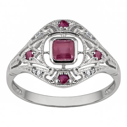10k White Gold Vintage Style Genuine Ruby and Diamond Ring