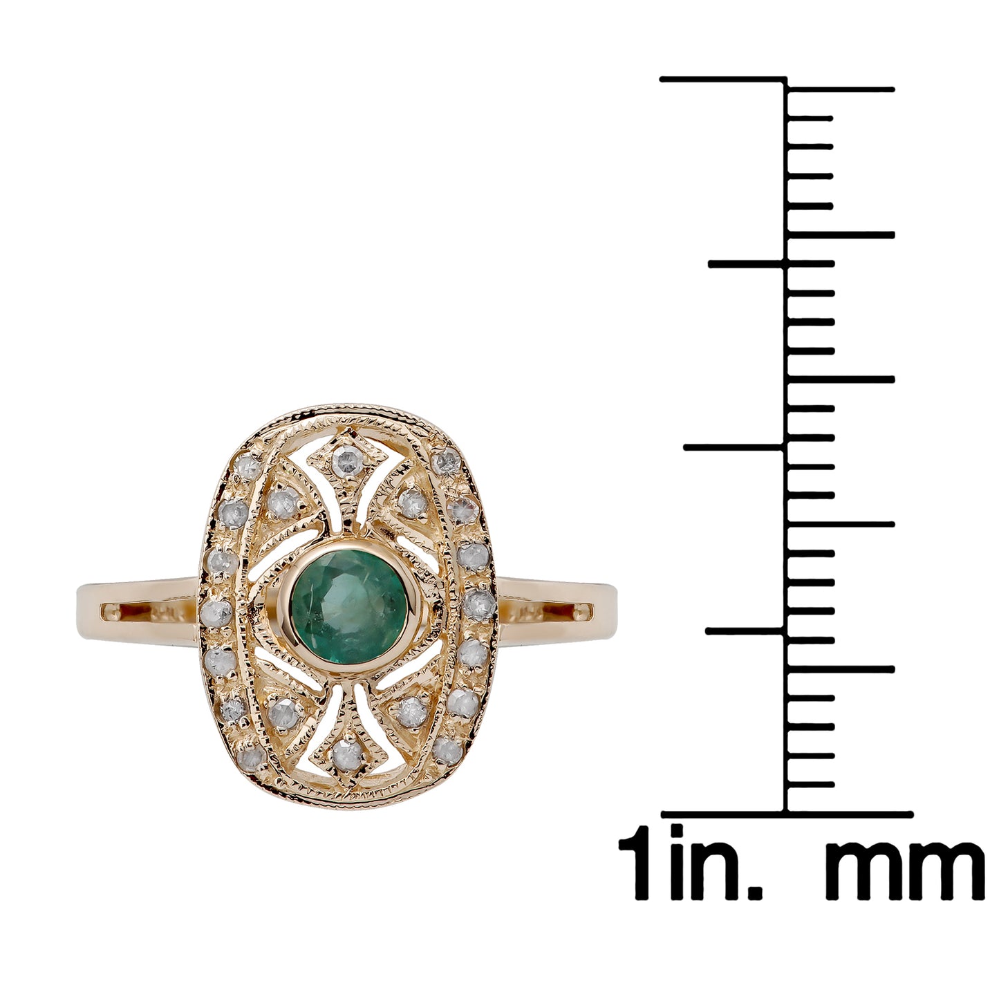 10k Yellow Gold Vintage Style Genuine Round Emerald and Diamond Ring