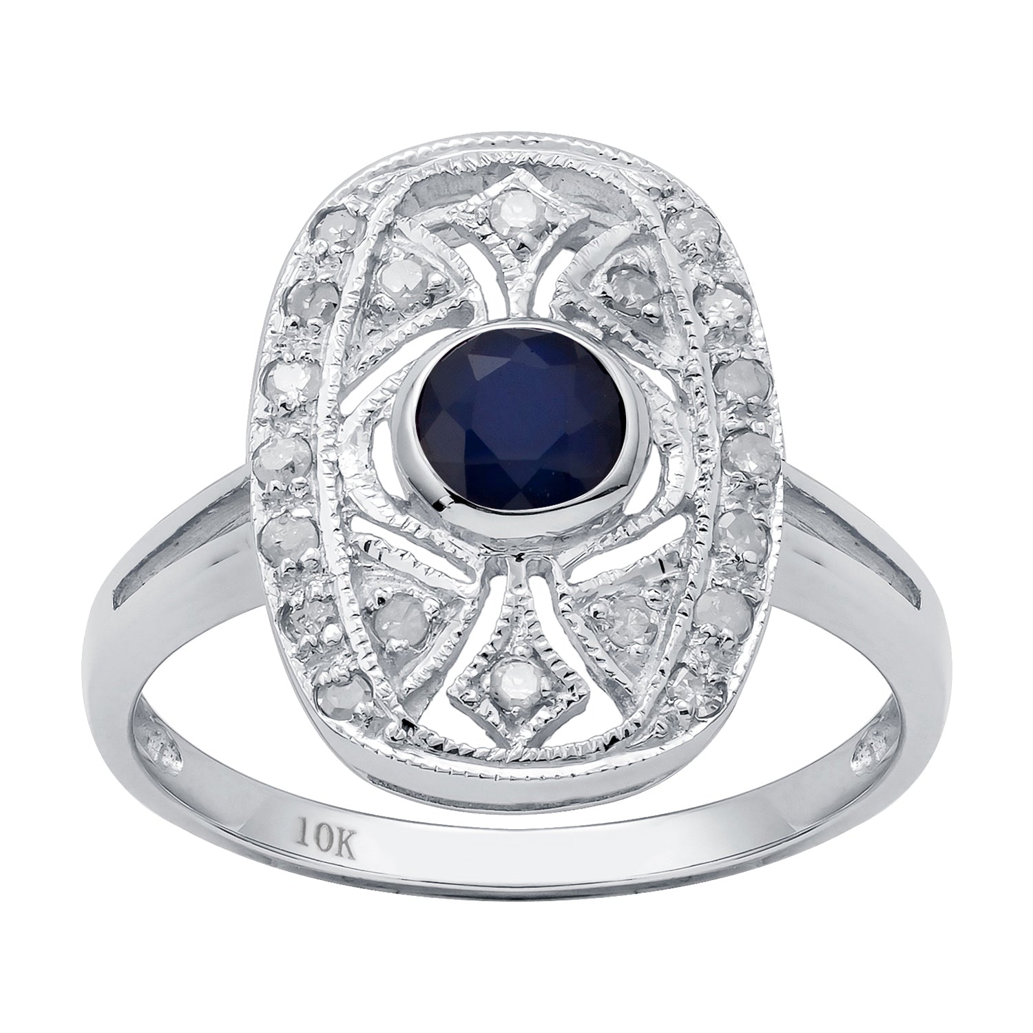 10k White Gold Vintage Style Genuine Round Sapphire and Diamond Ring