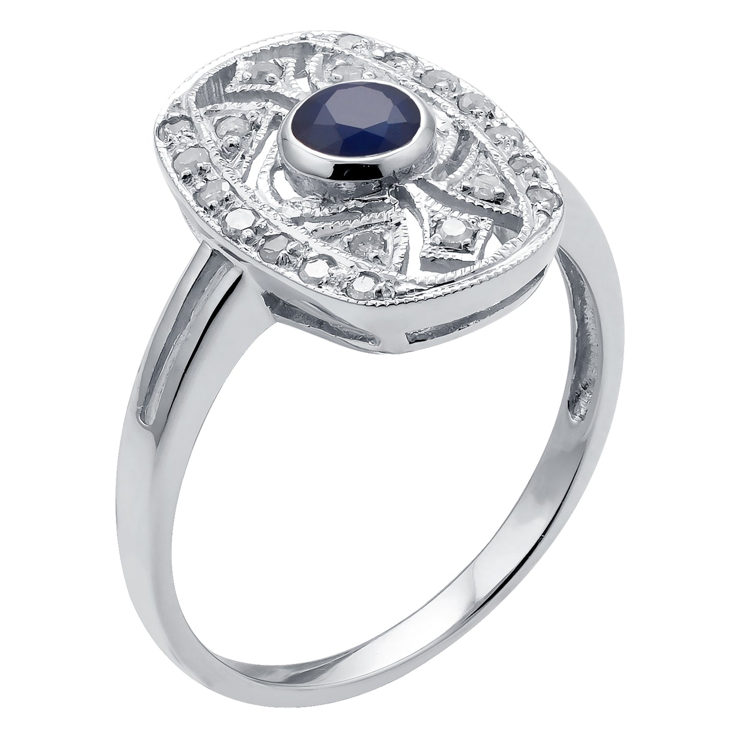 10k White Gold Vintage Style Genuine Round Sapphire and Diamond Ring