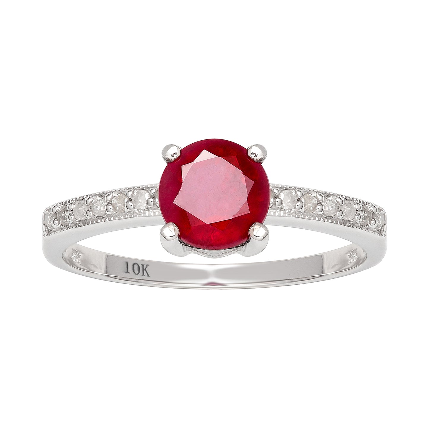10k White Gold Genuine Round Ruby and Diamond Ring