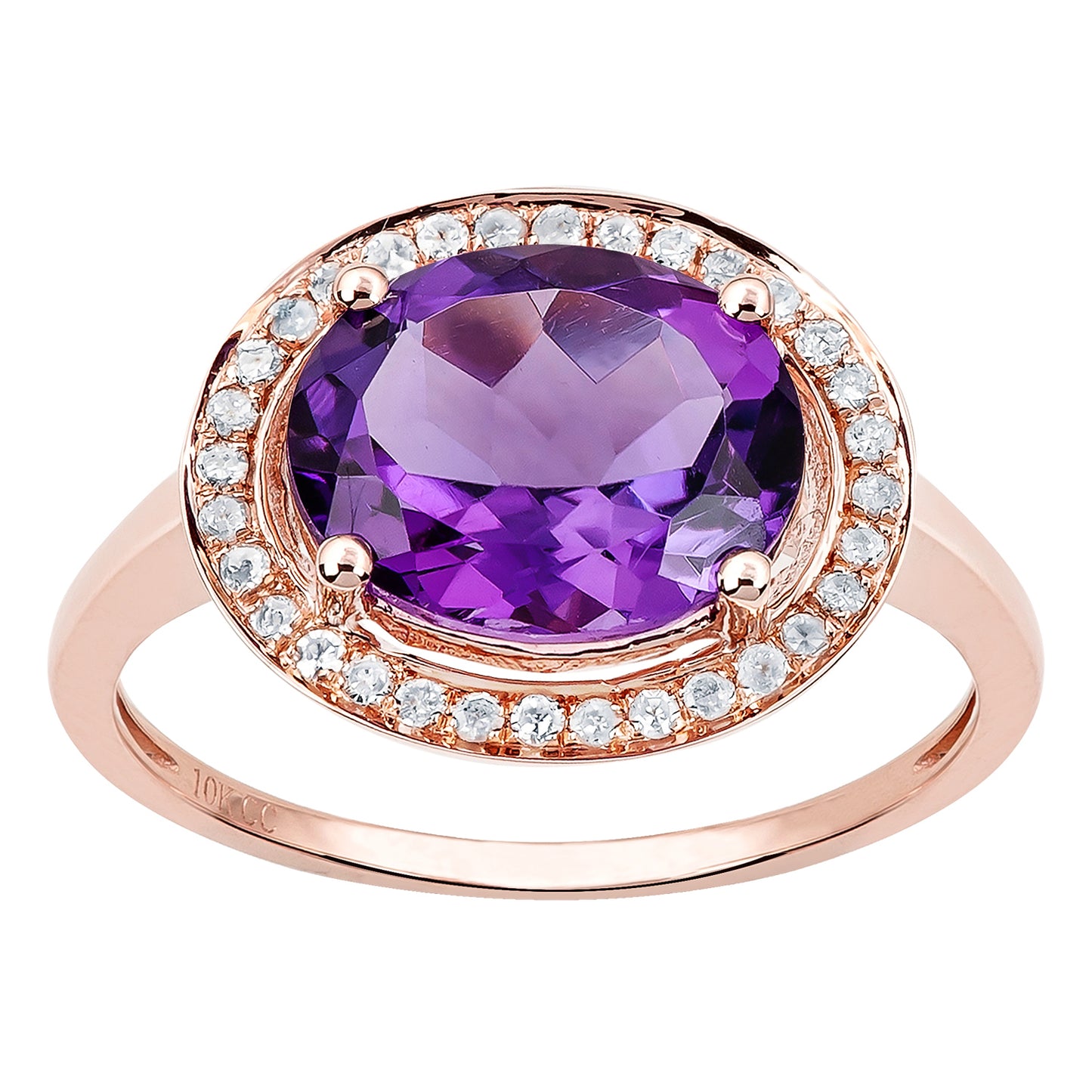 10k Rose Gold Oval Amethyst and Diamond Halo Ring