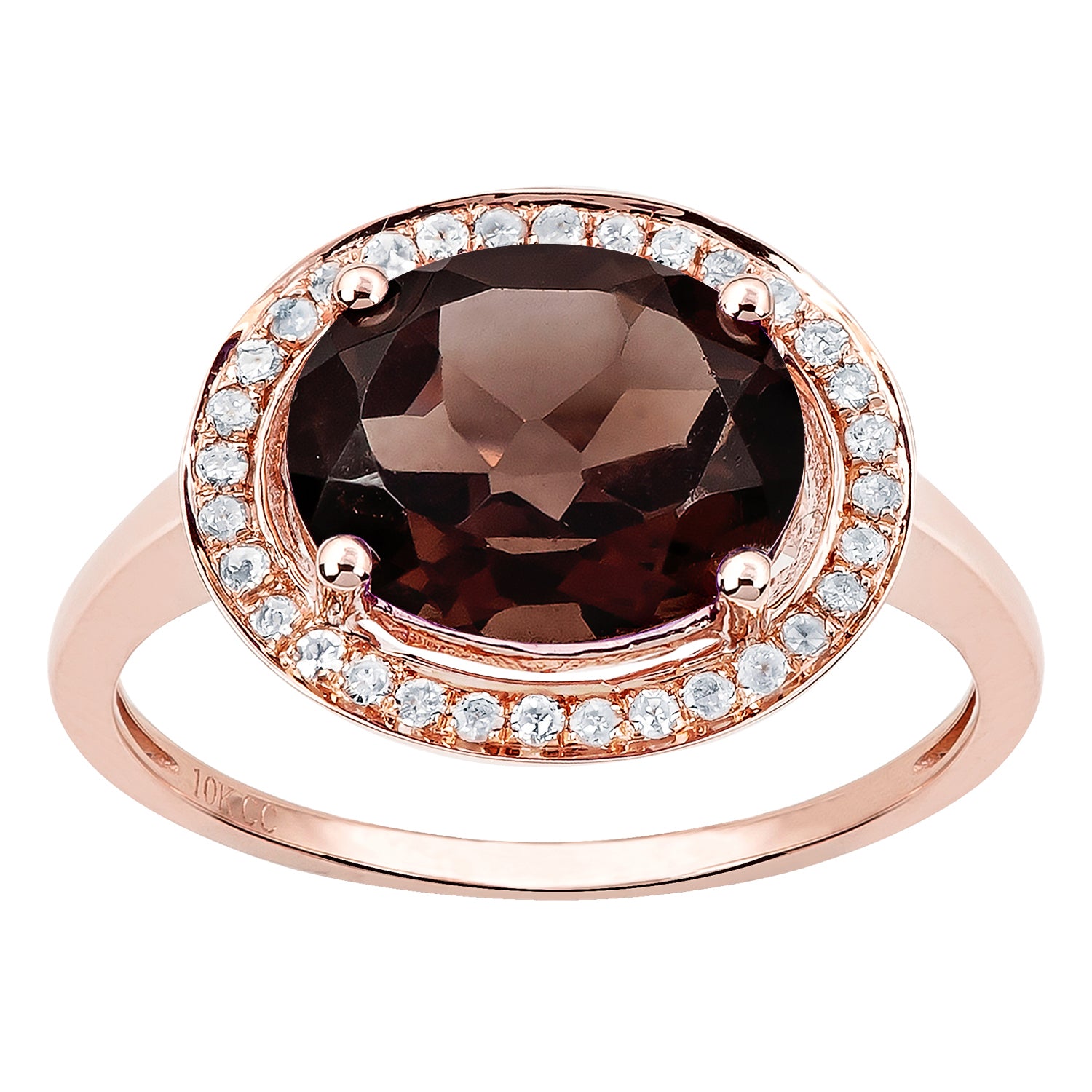 10k Rose Gold Oval Smoky Quartz and Diamond Halo Ring