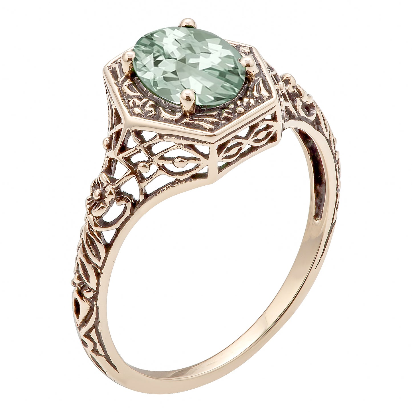 10k Yellow Gold Vintage Style Genuine Oval Green Amethyst Filigree Ring