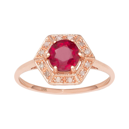 10k Rose Gold Vintage Style Genuine Round Ruby and Diamond Halo Ring