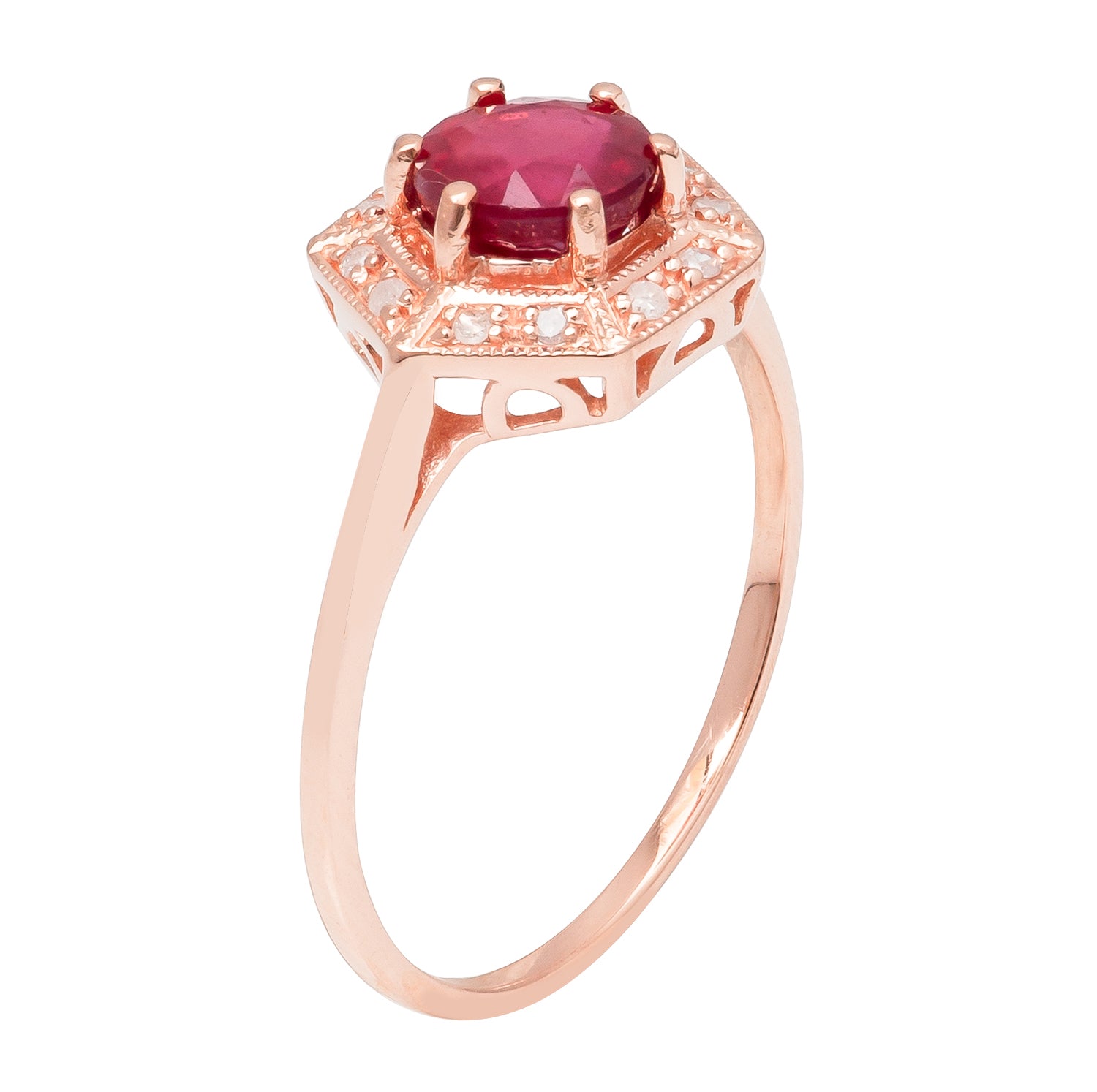 10k Rose Gold Vintage Style Genuine Round Ruby and Diamond Halo Ring