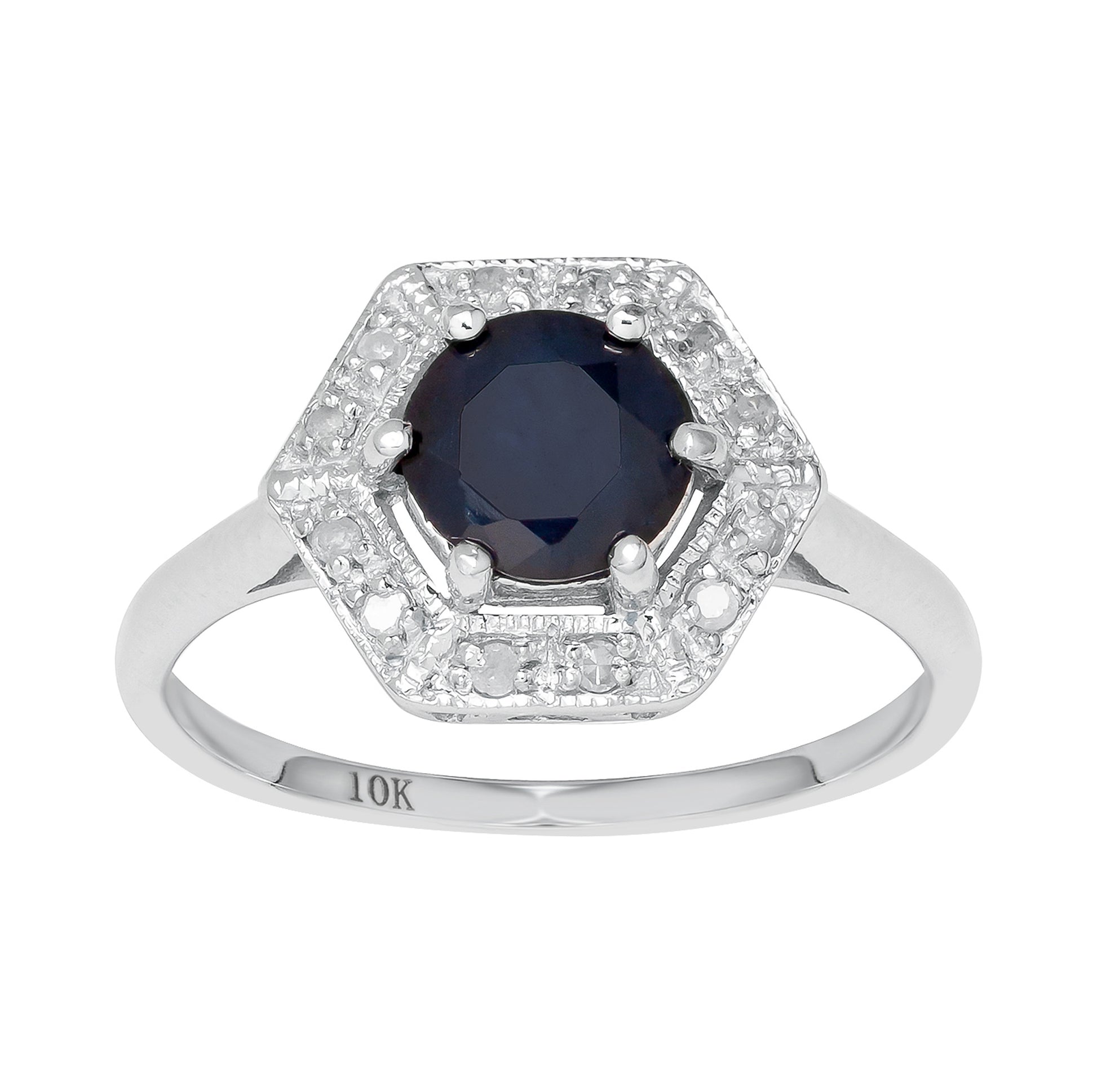 10k White Gold Vintage Style Genuine Round Sapphire and Diamond Halo Ring