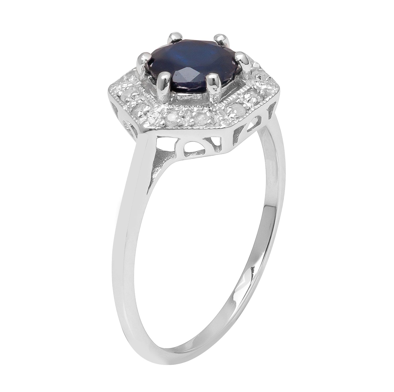 10k White Gold Vintage Style Genuine Round Sapphire and Diamond Halo Ring