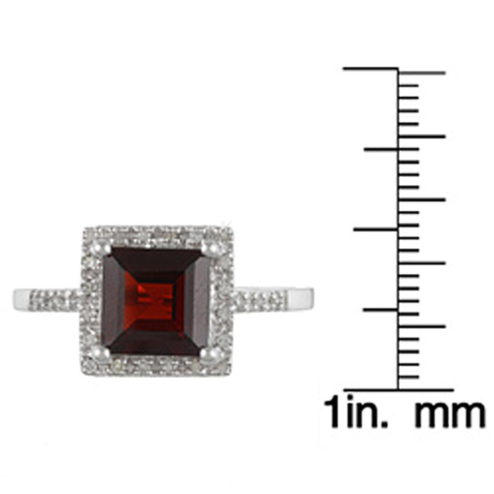 10k White Gold Square Garnet and Diamond Halo Ring