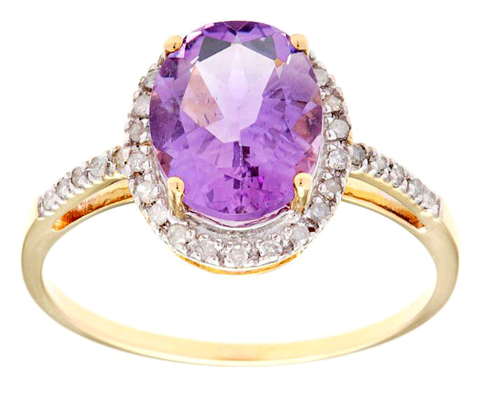 10k Yellow Gold Oval Amethyst and Diamond Halo Ring