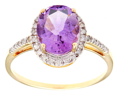 10k Yellow Gold Oval Amethyst and Diamond Halo Ring