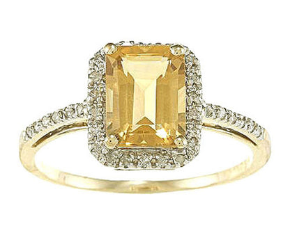 10k Yellow Gold Emerald-Cut Citrine and Diamond Halo Ring