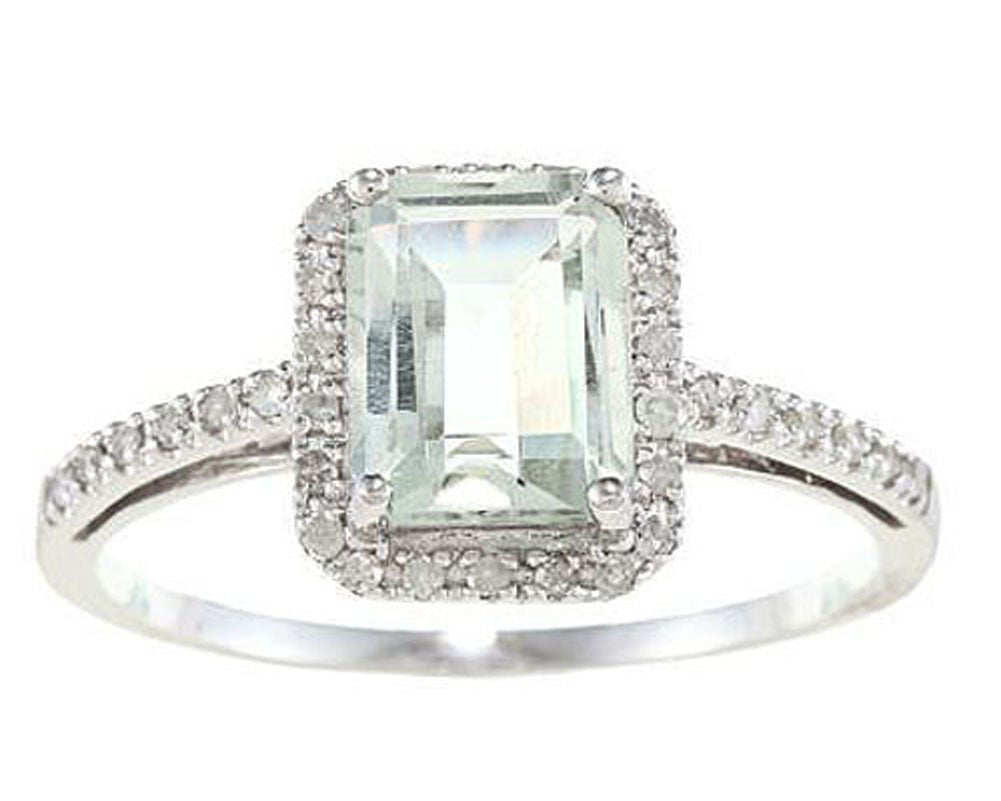 10k White Gold Emerald-Cut Green Amethyst and Diamond Halo Ring