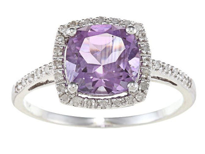 10k White Gold Cushion Amethyst and Diamond Halo Ring